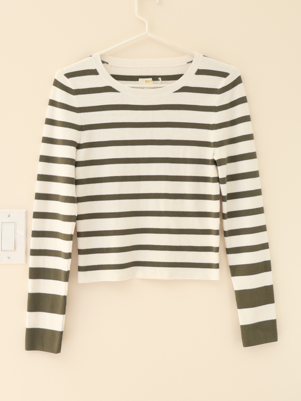 Maeve Striped Crewneck Sweater Olive Green Cream Long Sleeve Knit Pullover